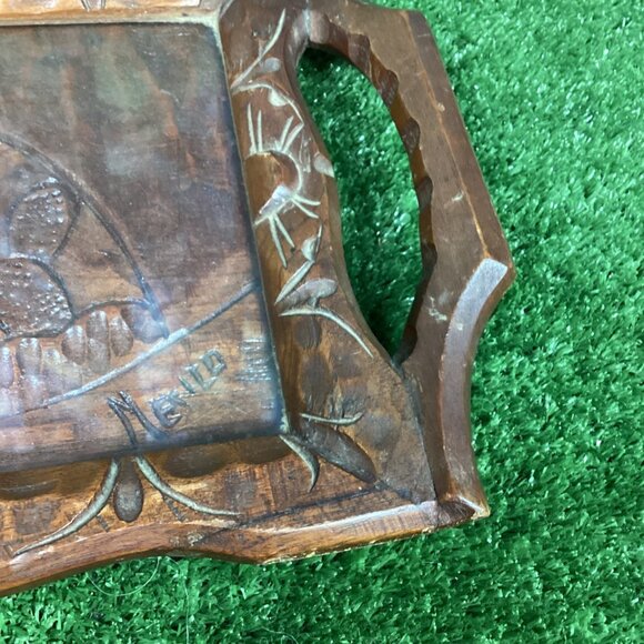 Vintage Mexican Hand Carved Wood Tray with Glass & Handles - Picture 2 of 12